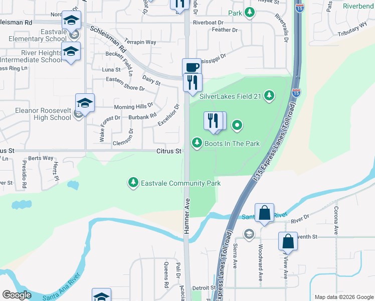 map of restaurants, bars, coffee shops, grocery stores, and more near Hamner Ave & Citrus St in Corona