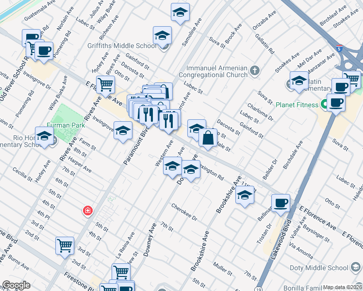 map of restaurants, bars, coffee shops, grocery stores, and more near 8130 Florence Avenue in Downey