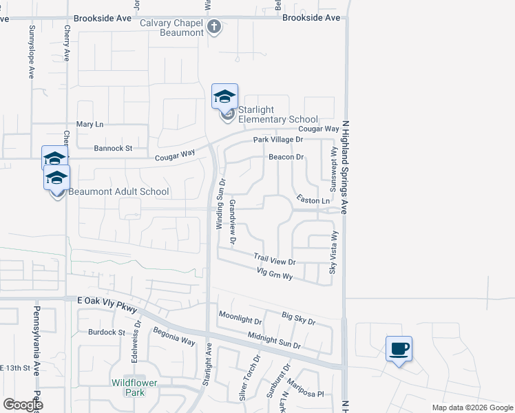 map of restaurants, bars, coffee shops, grocery stores, and more near 1553 Gardenview Trail in Beaumont
