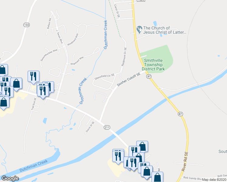 map of restaurants, bars, coffee shops, grocery stores, and more near 5382 Dosher Cutoff Southeast in Southport