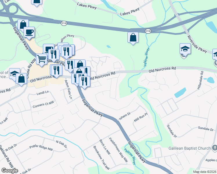 map of restaurants, bars, coffee shops, grocery stores, and more near 1660 Riverview Cove in Lawrenceville