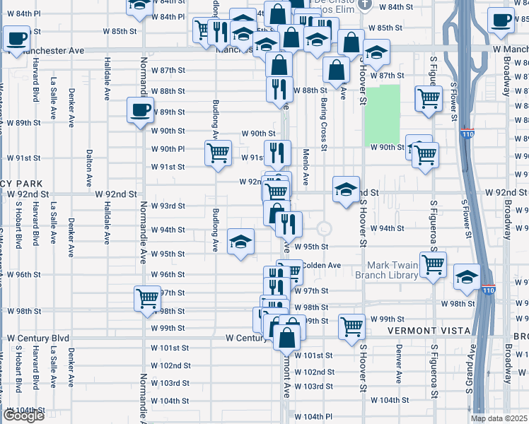 map of restaurants, bars, coffee shops, grocery stores, and more near 1030 West 93rd Street in Los Angeles