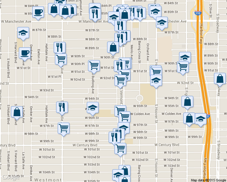 map of restaurants, bars, coffee shops, grocery stores, and more near 1031 West 93rd Street in Los Angeles