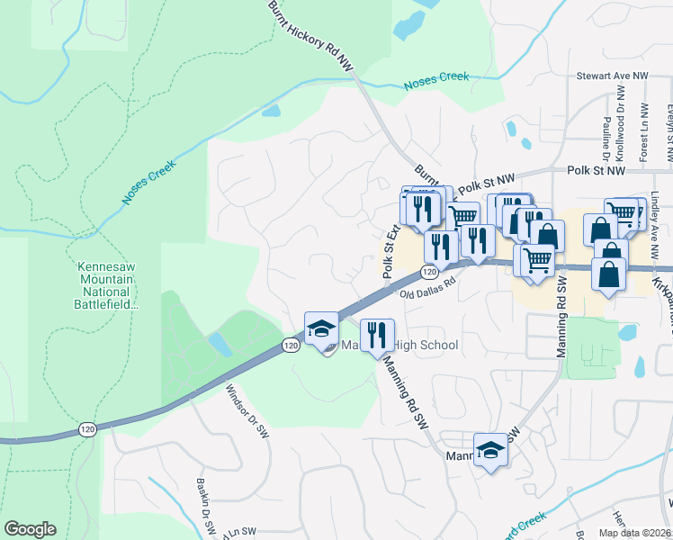 map of restaurants, bars, coffee shops, grocery stores, and more near 1245 Whitlock Ridge Drive in Marietta
