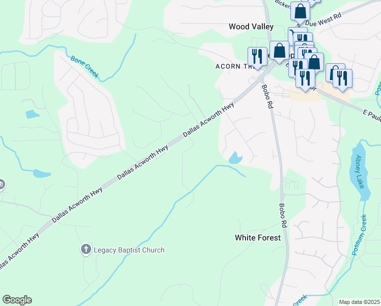 map of restaurants, bars, coffee shops, grocery stores, and more near 55 Butler Path in Dallas