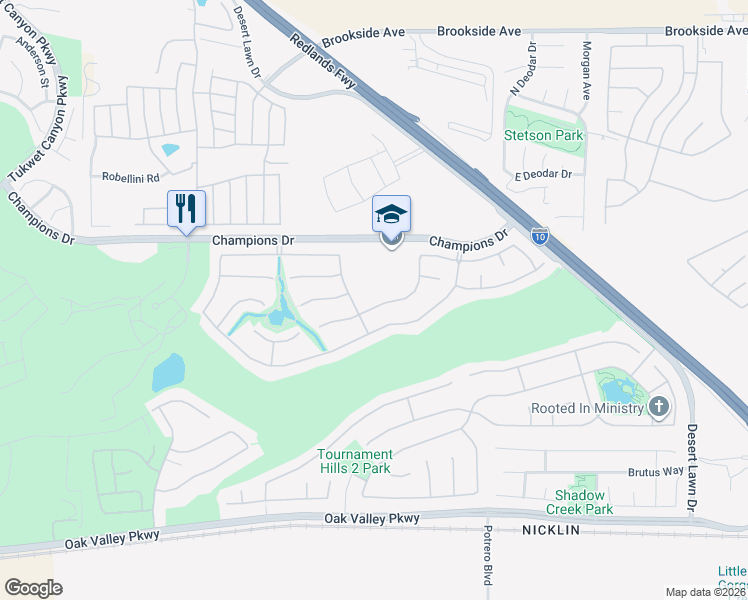 map of restaurants, bars, coffee shops, grocery stores, and more near 36554 Torrey Pines Drive in Beaumont