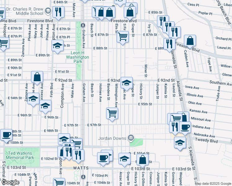 map of restaurants, bars, coffee shops, grocery stores, and more near 9412 Wilmington Avenue in Los Angeles