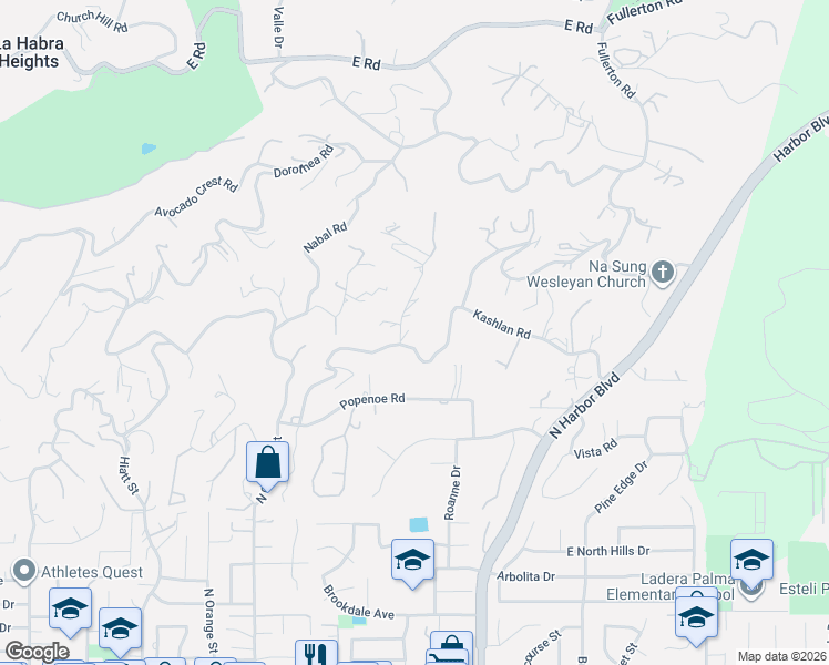 map of restaurants, bars, coffee shops, grocery stores, and more near 1527 Coban Road in La Habra Heights