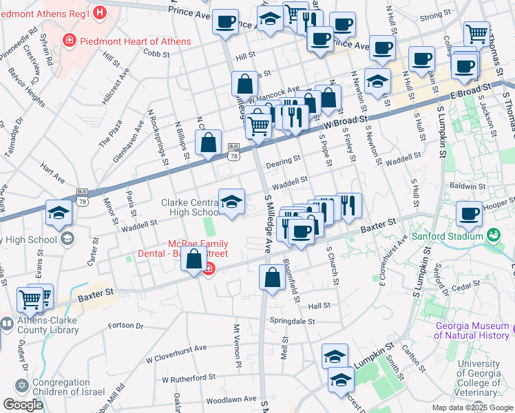 map of restaurants, bars, coffee shops, grocery stores, and more near 338 South Milledge Avenue in Athens