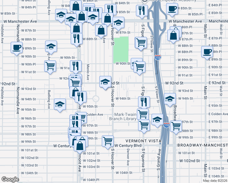 map of restaurants, bars, coffee shops, grocery stores, and more near 9300 South Hoover Street in Los Angeles