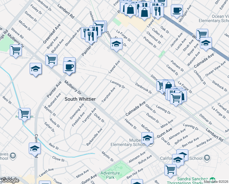 map of restaurants, bars, coffee shops, grocery stores, and more near 9237 Tarryton Avenue in Whittier