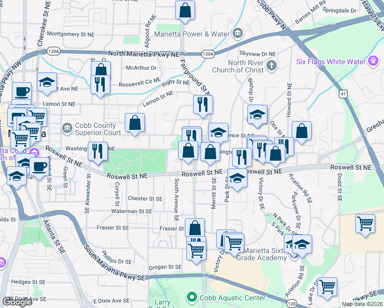 map of restaurants, bars, coffee shops, grocery stores, and more near 65 Fairground Street Southeast in Marietta