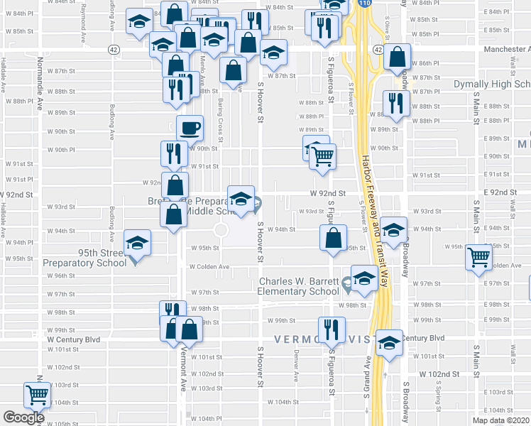 map of restaurants, bars, coffee shops, grocery stores, and more near 9300 South Hoover Street in Los Angeles
