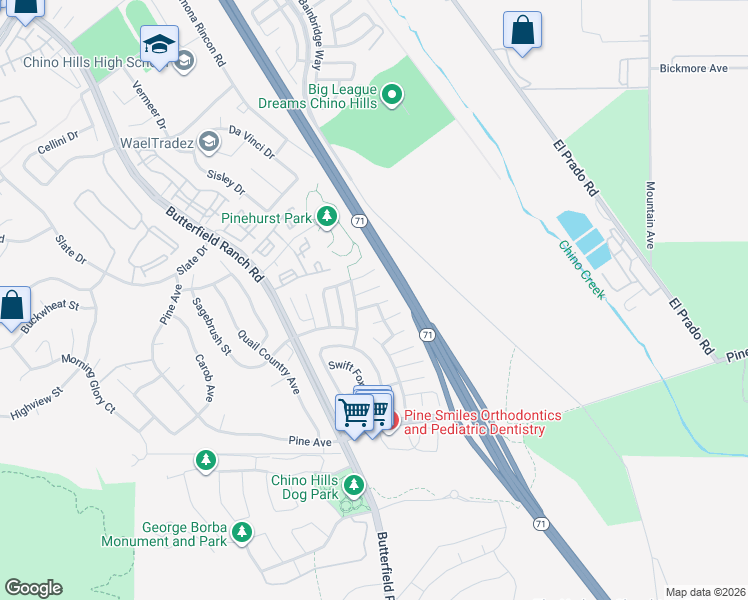 map of restaurants, bars, coffee shops, grocery stores, and more near 5784 Silver Sage Court in Chino Hills