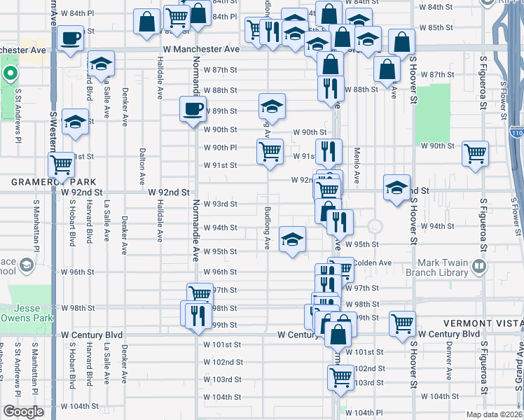 map of restaurants, bars, coffee shops, grocery stores, and more near 9223 Budlong Avenue in Los Angeles