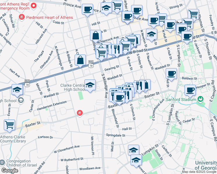 map of restaurants, bars, coffee shops, grocery stores, and more near 627 Waddell Street in Athens