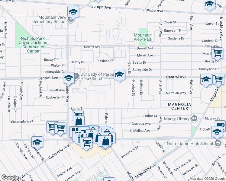 map of restaurants, bars, coffee shops, grocery stores, and more near 6688 Montclair Drive in Riverside