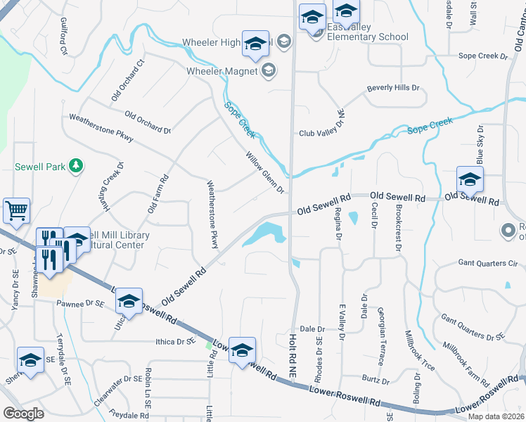 map of restaurants, bars, coffee shops, grocery stores, and more near 2481 Old Sewell Rd in Marietta