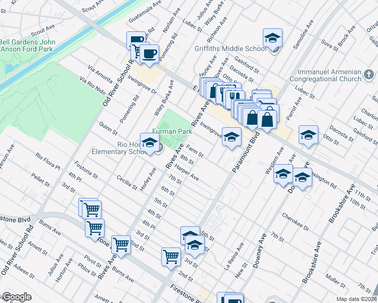 map of restaurants, bars, coffee shops, grocery stores, and more near 10404 Rives Avenue in Downey