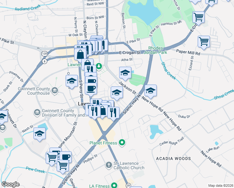 map of restaurants, bars, coffee shops, grocery stores, and more near 118 Green Street in Lawrenceville
