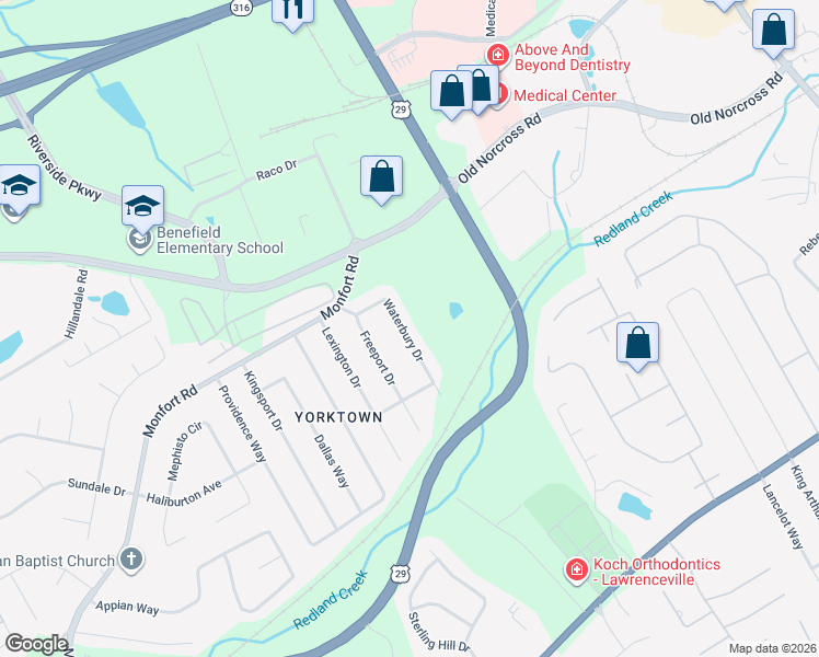 map of restaurants, bars, coffee shops, grocery stores, and more near 407 Waterbury Drive in Lawrenceville