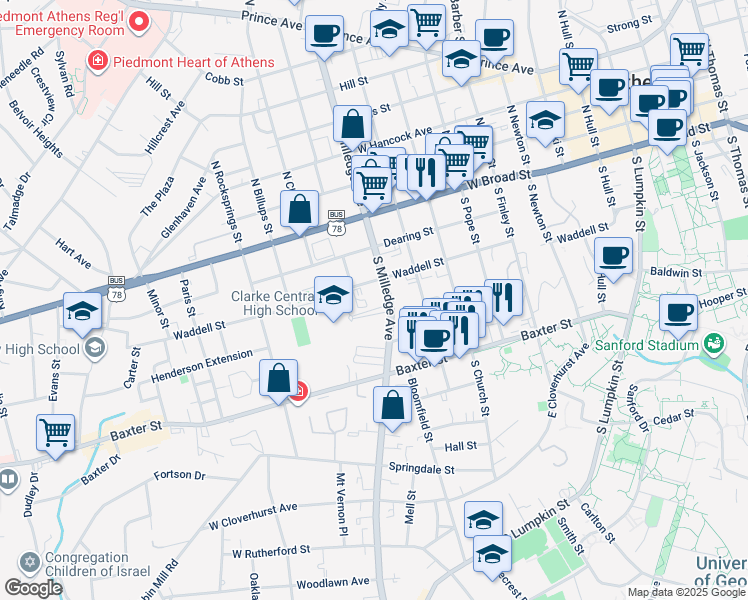 map of restaurants, bars, coffee shops, grocery stores, and more near 338 South Milledge Avenue in Athens
