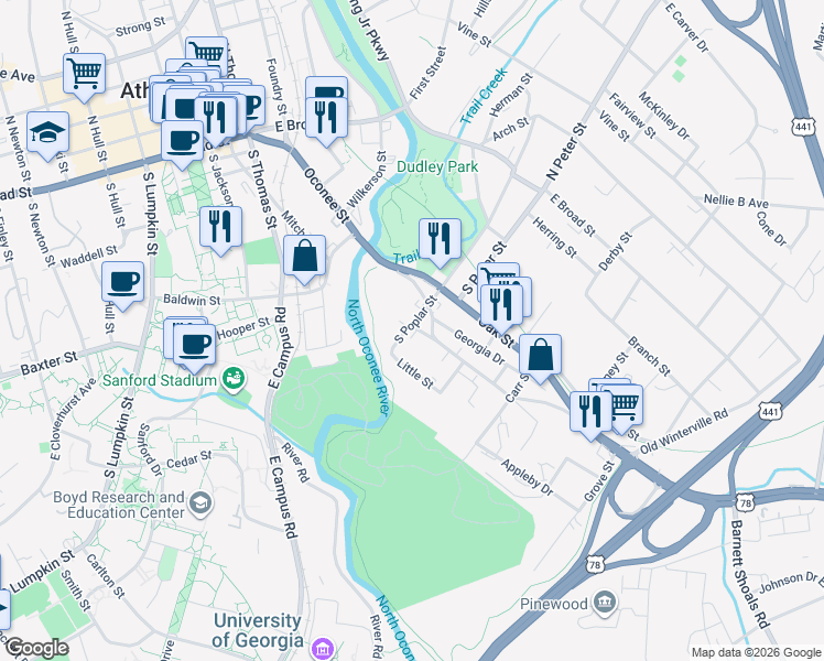 map of restaurants, bars, coffee shops, grocery stores, and more near 592 Oconee Street in Athens