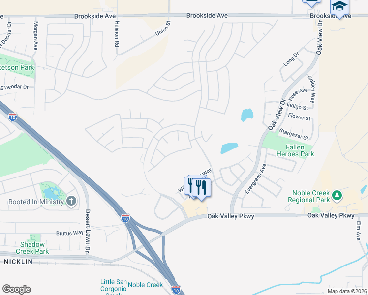 map of restaurants, bars, coffee shops, grocery stores, and more near 1586 Valhalla Court in Beaumont