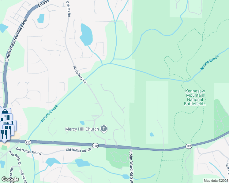 map of restaurants, bars, coffee shops, grocery stores, and more near 400 Battlefield Creek Dr in Marietta
