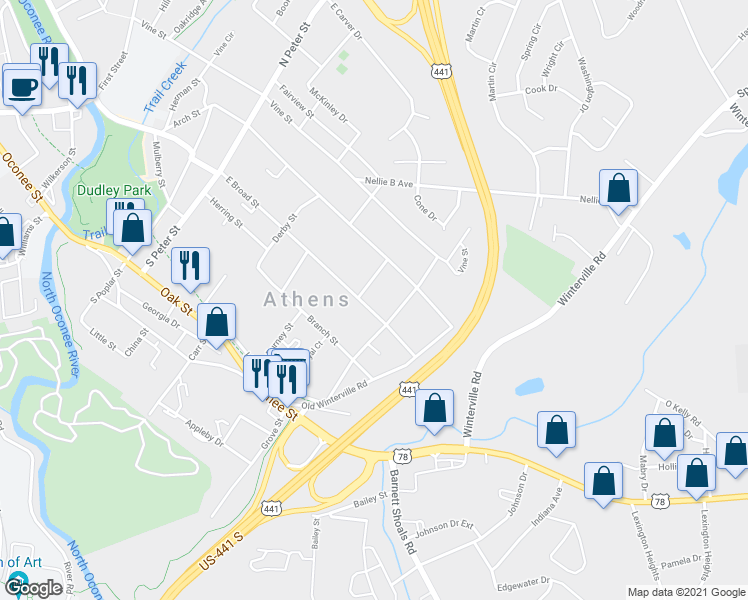 map of restaurants, bars, coffee shops, grocery stores, and more near 1695 East Broad Street in Athens