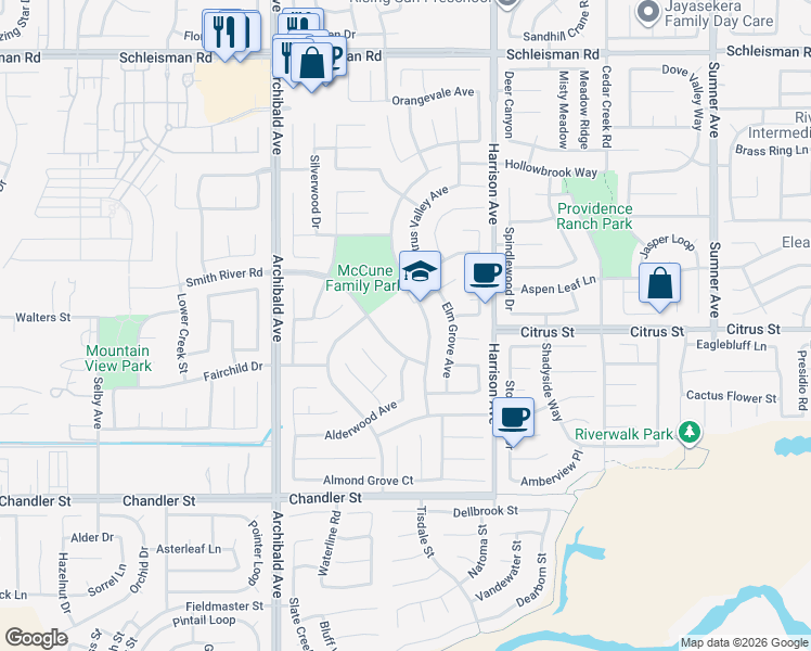 map of restaurants, bars, coffee shops, grocery stores, and more near 7437 Corona Valley Avenue in Eastvale