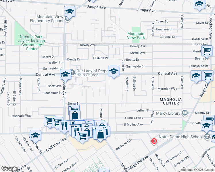 map of restaurants, bars, coffee shops, grocery stores, and more near 6642 Montclair Drive in Riverside