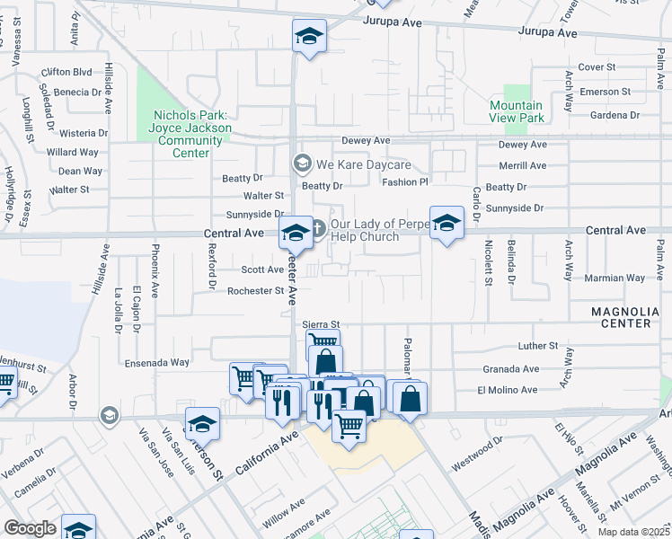 map of restaurants, bars, coffee shops, grocery stores, and more near 5236 Central Avenue in Riverside