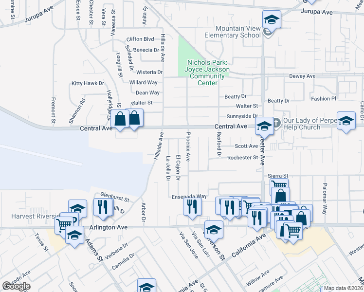 map of restaurants, bars, coffee shops, grocery stores, and more near 5633 Portola Way in Riverside