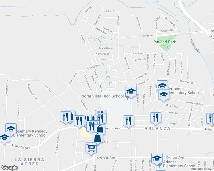 map of restaurants, bars, coffee shops, grocery stores, and more near 6765 Astoria Drive in Riverside