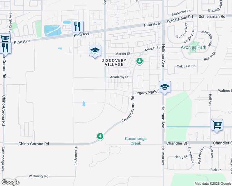 map of restaurants, bars, coffee shops, grocery stores, and more near 8573 Tamarack Street in Chino