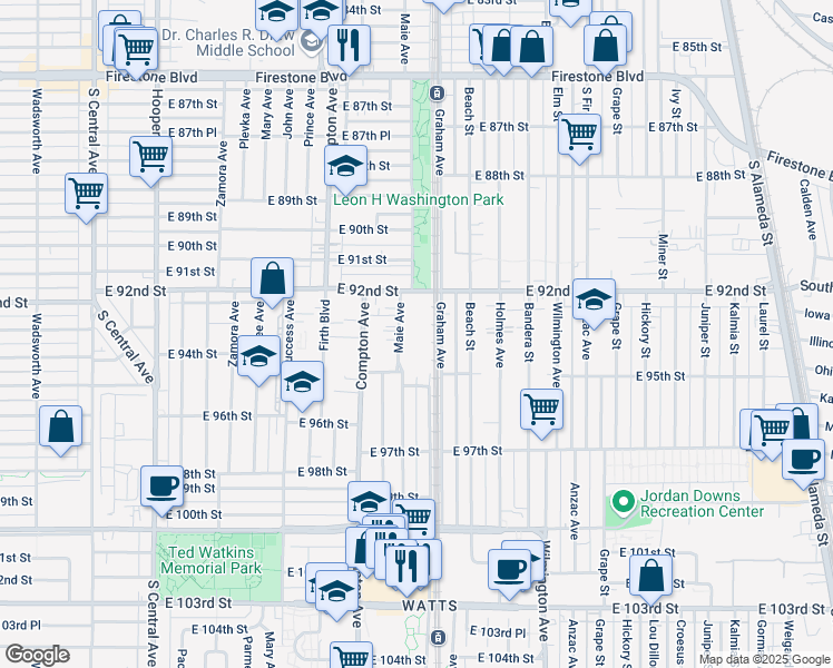map of restaurants, bars, coffee shops, grocery stores, and more near 9236 Graham Avenue in Los Angeles