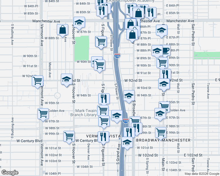 map of restaurants, bars, coffee shops, grocery stores, and more near 418 West 92nd Street in Los Angeles