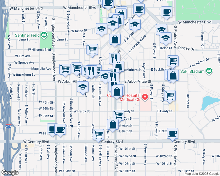 map of restaurants, bars, coffee shops, grocery stores, and more near 228 East Arbor Vitae Street in Inglewood