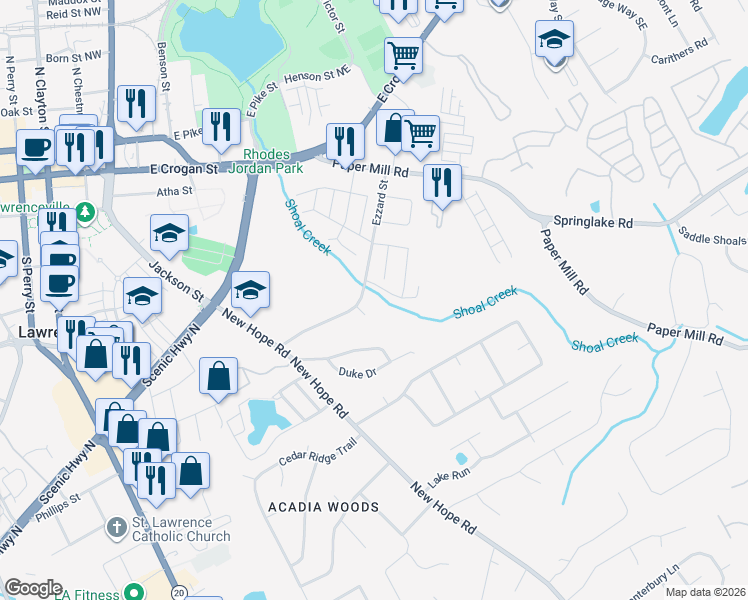 map of restaurants, bars, coffee shops, grocery stores, and more near 115 Ezzard Street in Lawrenceville