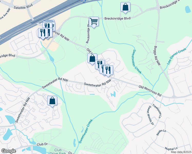 map of restaurants, bars, coffee shops, grocery stores, and more near 2930 Old Norcross Road in Duluth
