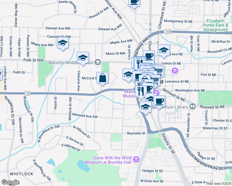 map of restaurants, bars, coffee shops, grocery stores, and more near 95 Whitlock Avenue Southwest in Marietta