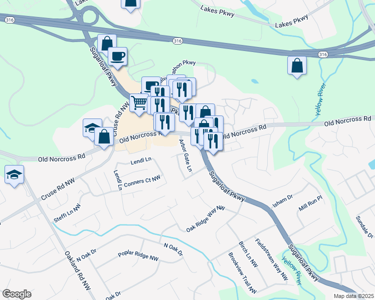map of restaurants, bars, coffee shops, grocery stores, and more near 803 Arbor Gate Lane in Lawrenceville