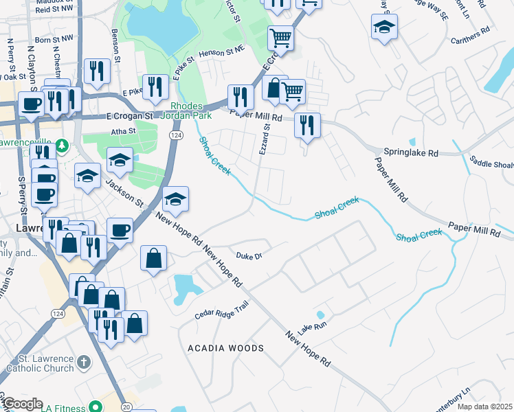 map of restaurants, bars, coffee shops, grocery stores, and more near 115 Ezzard Street in Lawrenceville