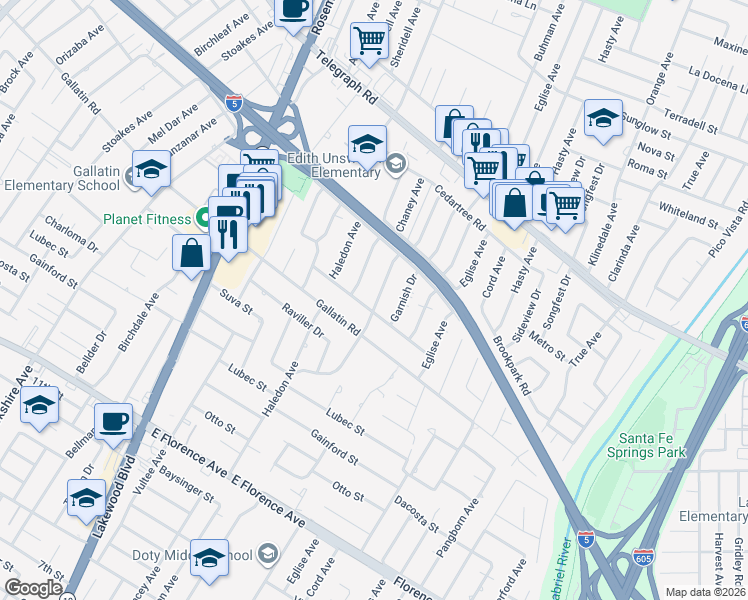 map of restaurants, bars, coffee shops, grocery stores, and more near in Downey