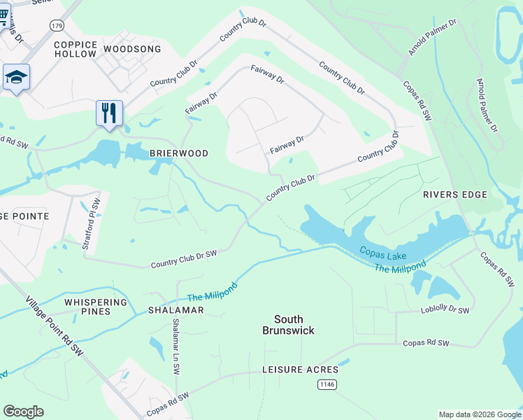 map of restaurants, bars, coffee shops, grocery stores, and more near 167 Country Club Drive in Shallotte