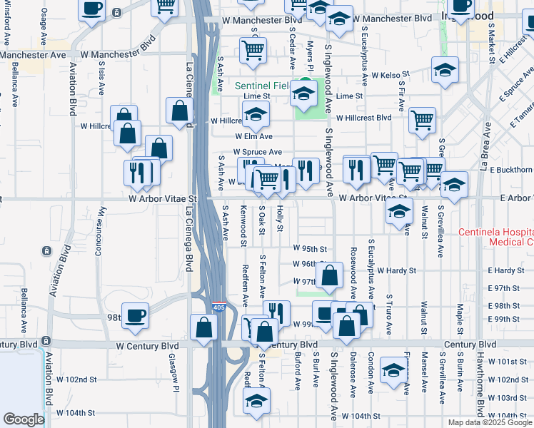 map of restaurants, bars, coffee shops, grocery stores, and more near 918 South Oak Street in Inglewood