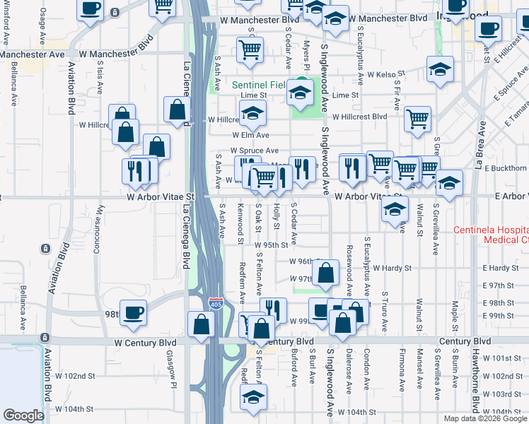 map of restaurants, bars, coffee shops, grocery stores, and more near 918 South Oak Street in Inglewood