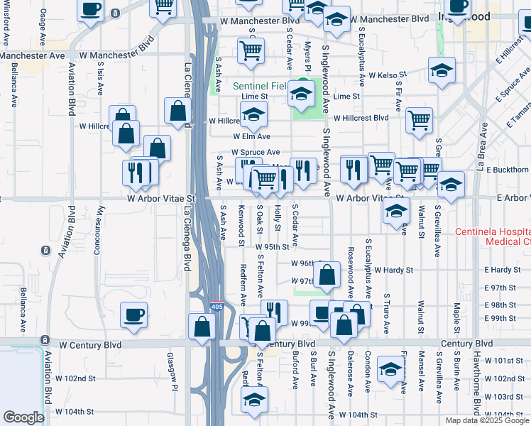 map of restaurants, bars, coffee shops, grocery stores, and more near 918 South Oak Street in Inglewood
