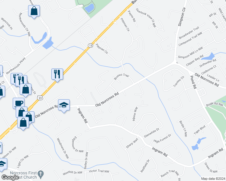 map of restaurants, bars, coffee shops, grocery stores, and more near 2644 Pinto Drive in Duluth